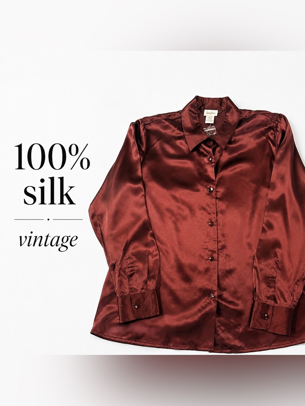 NWOT Vintage 100% Silk Neiman Marcus Burgundy Button Front Blouse Women’s 14